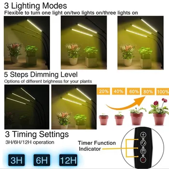 LED Fito Laikmatis Lemputes 3 Augti Visą dengtas Galvos Augalų 5V Spektro USB Lempa, Lankstus Šviesos Fitolamp Įrašą DC Pritemdomi