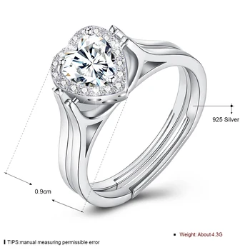 LEKANI Romantiška 925 Sterlingas Sidabro Žiedai Moterims Grįžtamasis Mielas Širdies Kubinis Cirkonis Reguliuojamas Vestuvės Vestuvinis Žiedas