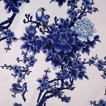 LEO&LIN Kinų Stiliaus Balta Mėlyna Spausdinta Medžiaga Drabužių Nacionalinės Stiliaus Mėlyni Bijūnai Paukščių Tissus 50cm