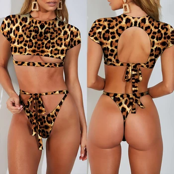 Leopard geltonos spalvos bikini pasėlių viršų trumpomis rankovėmis seksualus moterų maudymosi kostiumėlį 2019 Tuščiaviduriai iš push up maudymosi kostiumėliai moterims, maudymosi kostiumas, Paplūdimio drabužiai