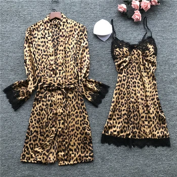 Leopardas spausdinti Seksualių Moterų Pižama Rinkiniai Satino Sleepwear Pijama Šilko Namų Drabužiai Siuvinėjimo Miego Lounge Pyjama naktiniai drabužiai, apatinis Trikotažas