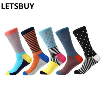 LETSBUY 5 poros ir daug vyriškų kojinių dot & dryžuotos ryškios spalvos smagios kojinės įvairiaspalvės ilgos kojinės vyrams, verslo atsitiktinis suknelė gif