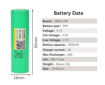 LiitoKala 18650 2500 mAh Įkraunamos baterijos 3.6 V INR1865025R 20A išleidimo baterijas E-cigarečių naudojimas
