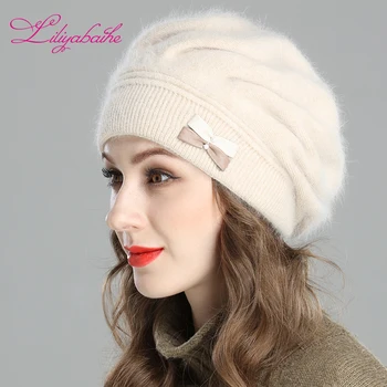 Liliyabaihe Naują stilių moterų žiemos beretė megzti vilnos angoros beretė Apdailos Dviejų spalvų drugelis dvigubą šiltą Kepurę