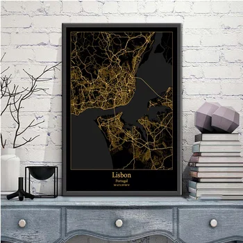Lisabona Portugalija Black&Gold Miesto Šviesos Žemėlapiai Užsakymą Pasaulio Miesto Žemėlapį, Plakatai, Drobė Spausdina Šiaurės Stiliaus Sienos Menas Namų Dekoro