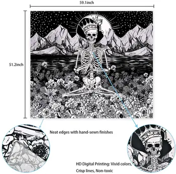 LUCKYYJ Kaukolė Gėlių Siuvinėjimas Meditacija Skeletas Gobelenai, Mėnulis ir Žvaigždės Taro Gobelenas Žvaigždėtą Juodos ir Baltos spalvos Gobelenas