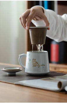 LUWU keramikos arbatos puodeliai su filtrais cute kačių kavos puodelį, kinų arbatos puodelio drinkware 380ml