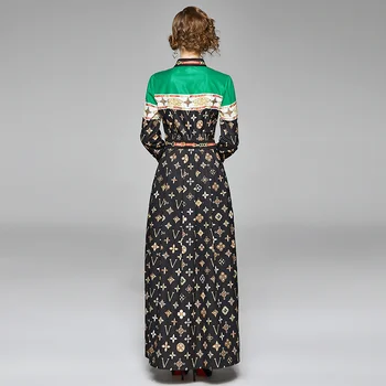 Madingi moterų laukinių juosmens, plonas ilgomis rankovėmis atspausdintas ilga suknelė