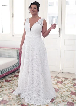 Madingų Nėrinių Brangakmenis Iškirpte-line Plus Size Vestuvių Suknelės Su Bowknot Balta Nėrinių 26W Vestuvinės Suknelės