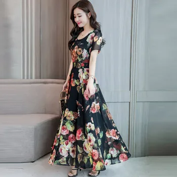 Mados 2020 gėlių suknele Moterys, O-Kaklo trumpomis Rankovėmis Ilga Suknelė Spausdinti Slim-Line Suknelės Imperijos Plius Dydis 3XL drabužiai