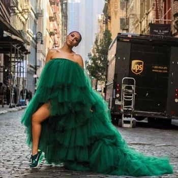 Mados Afrikos Moteris Tiulio Suknelė Prom Dresses Tamsiai Žalia Ruffles Pakopų Stebėjimo Valymo Traukinio Vestuvių Svečių Suknelės, Šaliai Suknelė