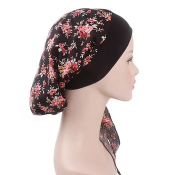 Mados Moterų Spausdinti Gėlės Vidinis Hijabs Bžūp Musulmonų Elastinga Skarelė Turbaną Variklio Dangčio Islamo Ponios Wrap Pagal Kepurės
