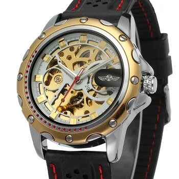 Mados Nugalėtojas Top Brand Juoda Silikono Juostos, Mechaninė Automatinė Skeletas Žiūrėti Vyrų Pavarų Reloj Armijos Hombre Horloge Horloge