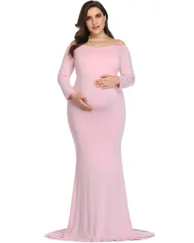 Mados Rožinė Motinystės Suknelė už Nuotrauką Šaudyti Motinystės Suknelė Baby Shower Suknelė ilgomis Rankovėmis Maxi Įrengtas Motinystės Suknelė