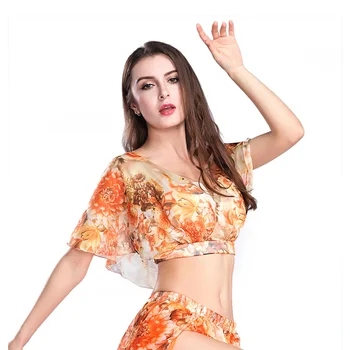 Mados seksualus spausdinami viršutinėje pilvo šokio viršuje pilvo šokio kostiumų šifono gėlių Indijos šokių top moterų mokymo dėvėti Praktikos viršų