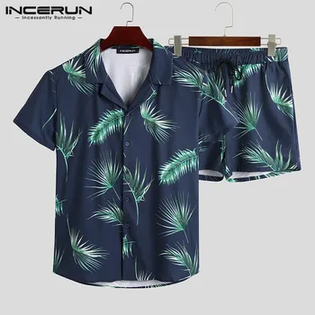 Mados Spausdinti Vyrų Havajų Rinkiniai 2021 Beach Trumpas Rankovės Atvartas Vasaros Marškinėliai Atsitiktinis Šortai Streetwear Kvėpuojantis Vyrų Kostiumas INCERUN