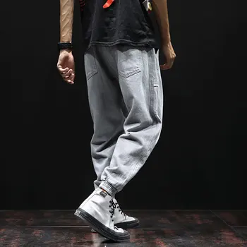Mados Streetwear Vyrų Džinsai Palaidi Tinka Spliced Dizaineris Krovinių Kelnės Žalios, Pilkos Spalvos Techninis Apačioje Hip-Hop Džinsai Vyrams Poilsiu