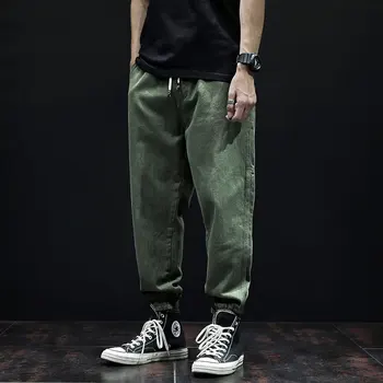 Mados Streetwear Vyrų Džinsai Palaidi Tinka Spliced Dizaineris Krovinių Kelnės Žalios, Pilkos Spalvos Techninis Apačioje Hip-Hop Džinsai Vyrams Poilsiu