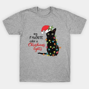 Mano Mėgstamiausia Spalva Yra Kalėdų Žiburiai. Juokinga Juoda Katė Kalėdų Dovana Vyrai T-Shirt Medvilnės Trumpomis Rankovėmis O-Kaklo Unisex Marškinėliai Naujas