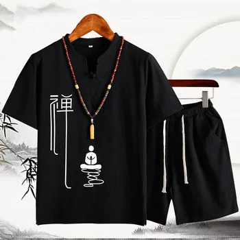 (Marškinėliai + šortai) 2020 m. Kinijos stiliaus vyrų marškinėliai Medvilnės ir lino marškiniai vyriški laisvalaikio Atkurti senovės būdų marškinėliai vyrams Du gabalus