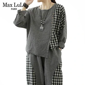 Max LuLu Kinijos Mados Stilius 2020 Moterų Atsitiktinis Viršūnės Ir Kelnės Ponios Pledas Derliaus Kostiumai Moterų Prarasti Atspausdinta Dviejų Dalių Rinkiniai