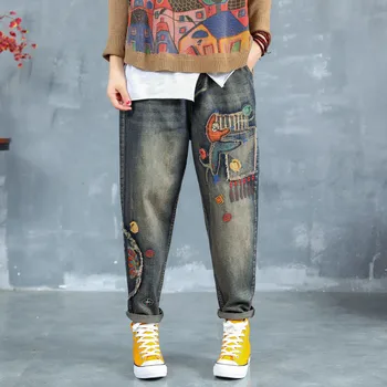 Max LuLu Rudenį Korėjos Mados Stilius Ponios Punk Streetwear Moterų Atspausdintas Mėlynos Spalvos Džinsai Vintage Džinsinio Audinio Kelnės Kankina Haremo Kelnės