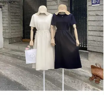 Medvilnės, Lino Suknelė Vasarai Plonas Juosmens Linijos Temperamentas Lady Retro Vintage Mielas Korėjos Prašmatnus Moterų Suknelės, Vestidos