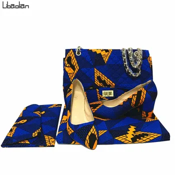Medvilnės, mėlynos nekilnojamojo vaškas afrikos audinio 2020high kokybės, su ankara audinio krepšiai moterims sankaba ir moterų minkšti batai 3pcs/set