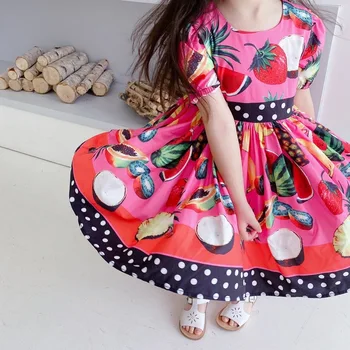 Mergaičių suknelė vaisių modelio raudonos spalvos saldus vasaros, vaikams, suknelės, mados drabužiai vaikams