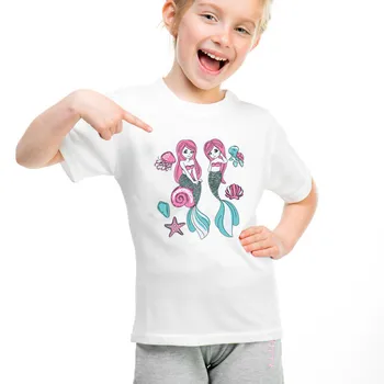 Mielas Vaikams, Drabužiai Vaikams, Marškinėliai Mergaitėms Vasaros Baltos Viršūnės T-shirt Animacinių filmų Undinė Spausdinti marškinėliai trumpomis Rankovėmis Mergaitėms Viršūnes 1-12T