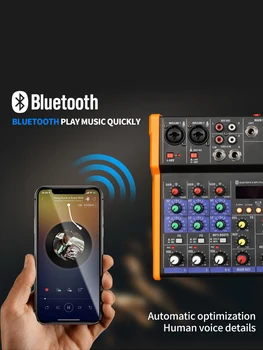 Mini 4 Kanalų Garso Maišytuvas Konsolės 48V su integruota Belaidžio Mikrofonas Bluetooth DJ Mikšeris su USB