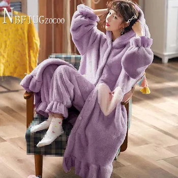 Minkštas Pūkas Žiemą Šiltas Sleepwear Pajama Komplektai Namas Gyvenimo Kawaii Ilgas Kailis Ir Kelnės Moteriška Nightclothes
