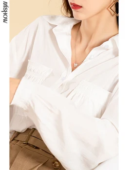 MISHOW 2020 m. Rudenį Balti Marškinėliai Moterims Kietas ilgomis Rankovėmis Plisuotos Pocket Office Lady Elegantiškas Viršūnes Moterų Drabužių MX20C4939