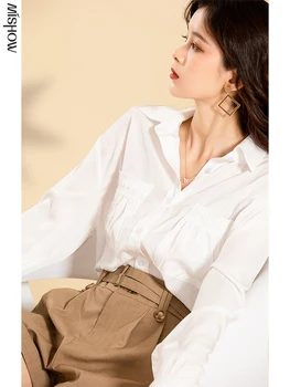 MISHOW 2020 m. Rudenį Balti Marškinėliai Moterims Kietas ilgomis Rankovėmis Plisuotos Pocket Office Lady Elegantiškas Viršūnes Moterų Drabužių MX20C4939