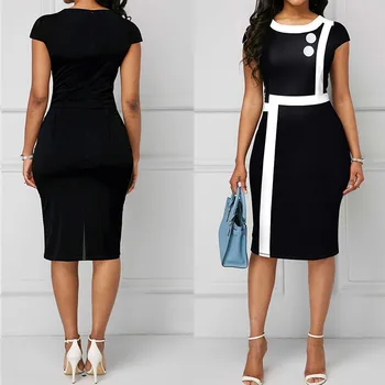 MISSJOY Moterų apvalios kaklo balta mygtuką kontrasto spalvų siūlėmis slim vidutinio ilgio juoda pieštuko trumparankoviai klubo suknelė