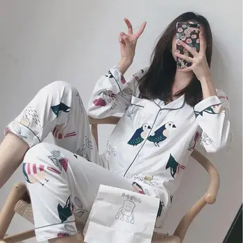 MISSKY 2020 Naujas Moterų Pajama Komplektai Animacinių filmų Spausdinimo Rudens Žiemos Long Sleeve Top +Kelnės Atsitiktinis Homewear Moterų Sleepwear