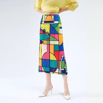 Miyake Plisuotas sijonas moterų 2020 m. geometrinis print-line ilgas sijonas korėjos spalvotų susiuvimo padalinta Wrap tiesiai boho sijonas