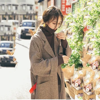 Mišiniai Moterų Žiemos Paprasta Visų rungtynių Studentų korėjos Stiliaus Atsitiktinis Pledas Elegantiškas Moterų Paltas Outwear Kasdien Moterys Harajuku