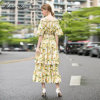 MoaaYina Mados Dizaineris suknelė Vasaros Moterų Suknelė off-the-pečių Domino Pynimas Vaisių, Gėlių-Spausdinimo Suknelės