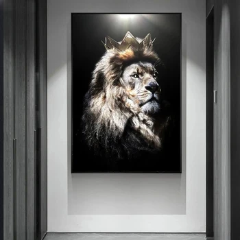 Modernus Gyvūnų Meno Liūto Galva Su Karūna Drobė Paveikslų, Plakatų Ir Grafikos Sienos Menas Nuotraukas Kambarį Dekoro (Be Rėmelio)