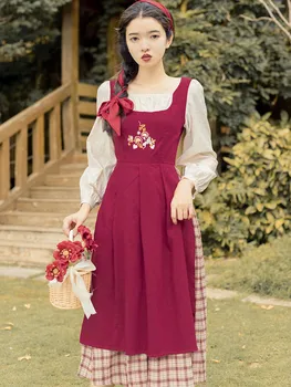 Mori Mergina Stiliaus Gėlių Siuvinėjimas Medvilnės Moterų Suknelė Vintage Prairie Chic Visiškai Rankovės Vidurio Blauzdos Ilgos Maxi Suknelės Pavasarį Rudenį