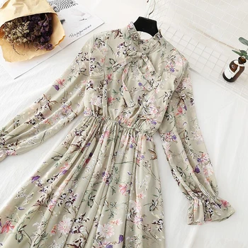 Moterims Gėlių Spausdinti-Line Šifono Suknelė ilgomis Rankovėmis Raukiniai Vidurio Blauzdos Šalis Suknelės Vestidos 2020 Naujas Elastinga juosmens Vintage Suknelė