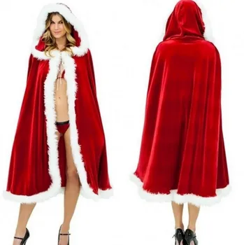 Moteriški Mergina Kailio Kalėdų Santa Claus Žaliojo Kalėdos Suaugusiųjų Kostiumas Raudoną Nuotakos Ponios Fancy Dress Žiemą Šiltas Gobtuvu Aksomo Skraiste