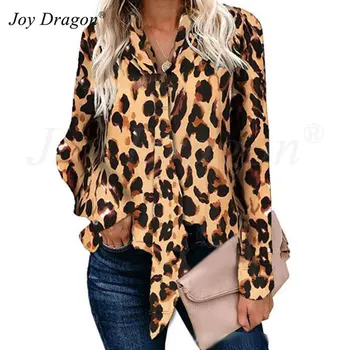 Moteriški Vasaros Drabužių Vetements Femme Pavasario Atsitiktinis Ilgomis Rankovėmis V-Kaklo Šalių Viršūnių Leopardas Spausdinti Šifono Marškinėliai Clubwear