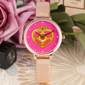 Moterys, Kvarciniai Laikrodžiai Mados Sailor Moon Stiliaus Moterų Riešo Žiūrėti Nerūdijančio Plieno Tinklelio, Diržu, Ponios Laikrodis relojes mujer #002