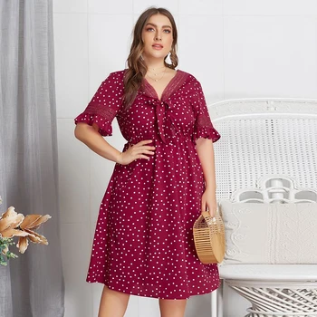 Moterys Vasarą Raudona Polka Dot Spausdinti Suknelė Plius Dydis 2019 Tuščiaviduriai Iš V Kaklo Su Peteliškę Midi Suknelė Ponios Tunika Paplūdimio Suknelės