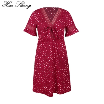Moterys Vasarą Raudona Polka Dot Spausdinti Suknelė Plius Dydis 2019 Tuščiaviduriai Iš V Kaklo Su Peteliškę Midi Suknelė Ponios Tunika Paplūdimio Suknelės