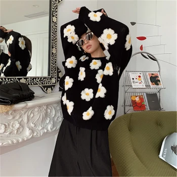 Moterų 3D Black Daisy Megztiniai Rudenį, Žiemos Mados Naują Atsitiktinis Laisvi Megztiniai (Puloveriai Moterų Japonija Stiliaus Streetwear Megztinis Viršūnės