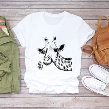 Moterų Animacinių filmų Žirafa Gėlių Meilė Valentino Mados 90s Spausdinti Lady T-shirts Viršuje Moterų Graphic T Shirt Ladies Moterų Tee Marškinėliai