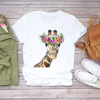 Moterų Animacinių filmų Žirafa Gėlių Meilė Valentino Mados 90s Spausdinti Lady T-shirts Viršuje Moterų Graphic T Shirt Ladies Moterų Tee Marškinėliai
